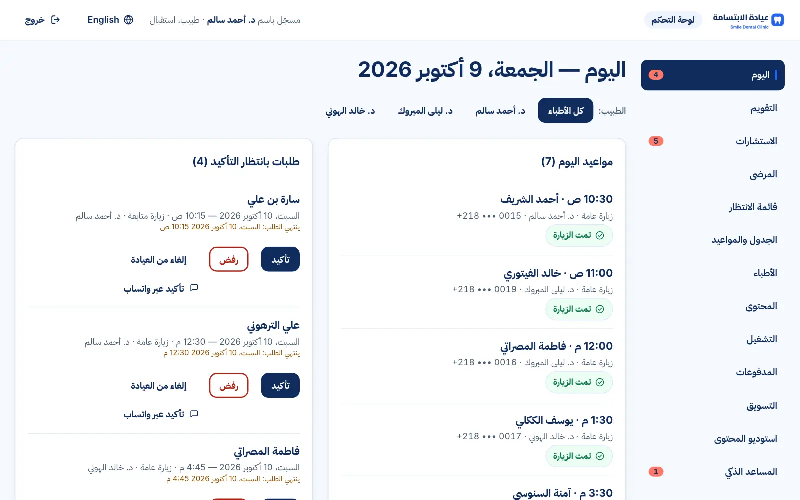 Dashboard “Today” screen: today's visits with a doctor filter and pending requests with confirm, decline and confirm-on-WhatsApp buttons